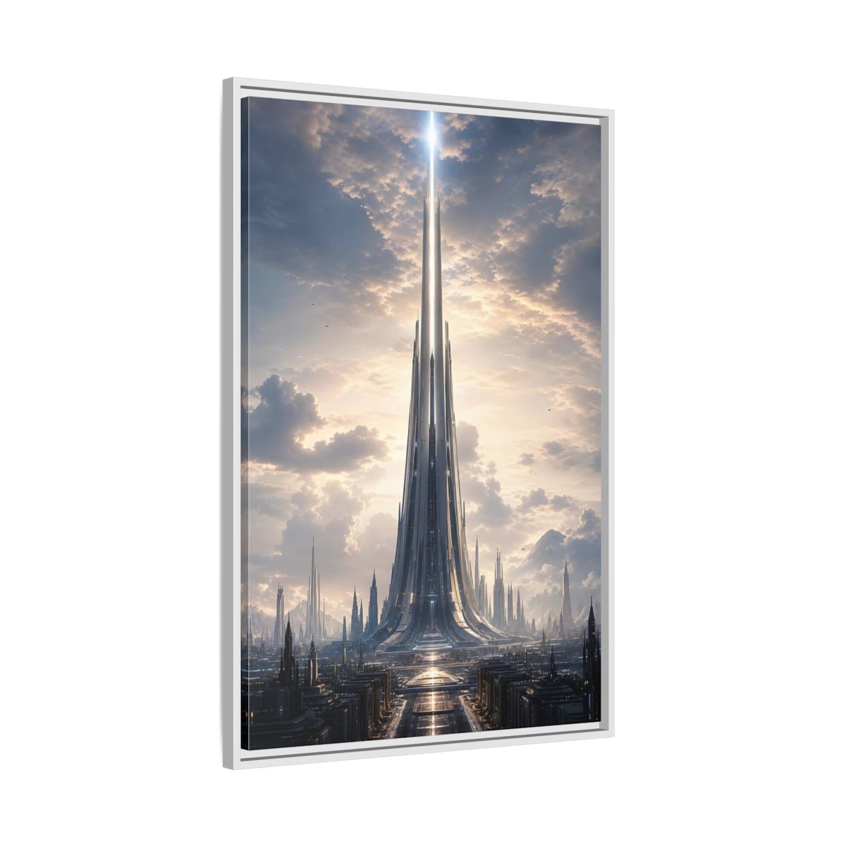 Science Fiction Futuristic Cityscape Framed Canvas Wall Art - Living Room, Above Fireplace shown as canvas wall art