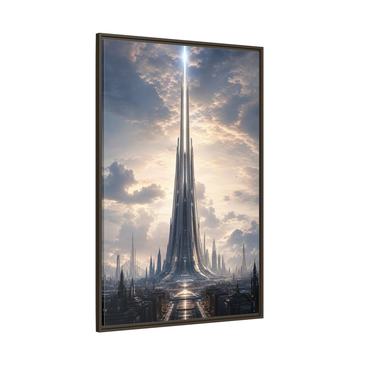 Science Fiction Futuristic Cityscape Framed Canvas Wall Art - Living Room, Above Fireplace shown as canvas wall art