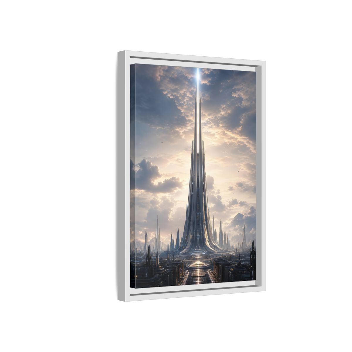Science Fiction Futuristic Cityscape Framed Canvas Wall Art - Living Room, Above Fireplace shown as canvas wall art