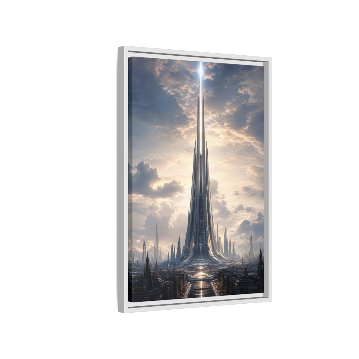 Science Fiction Futuristic Cityscape Framed Canvas Wall Art - Living Room, Above Fireplace shown as canvas wall art
