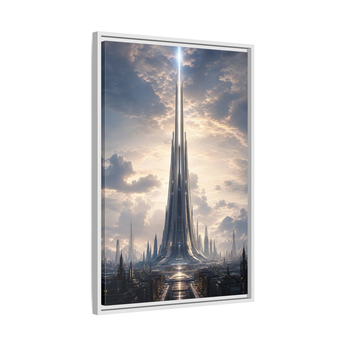Science Fiction Futuristic Cityscape Framed Canvas Wall Art - Living Room, Above Fireplace shown as canvas wall art