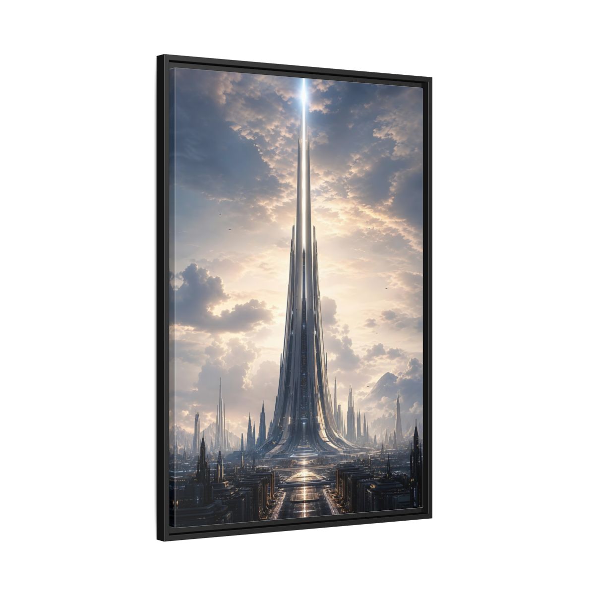 Science Fiction Futuristic Cityscape Framed Canvas Wall Art - Living Room, Above Fireplace shown as canvas wall art