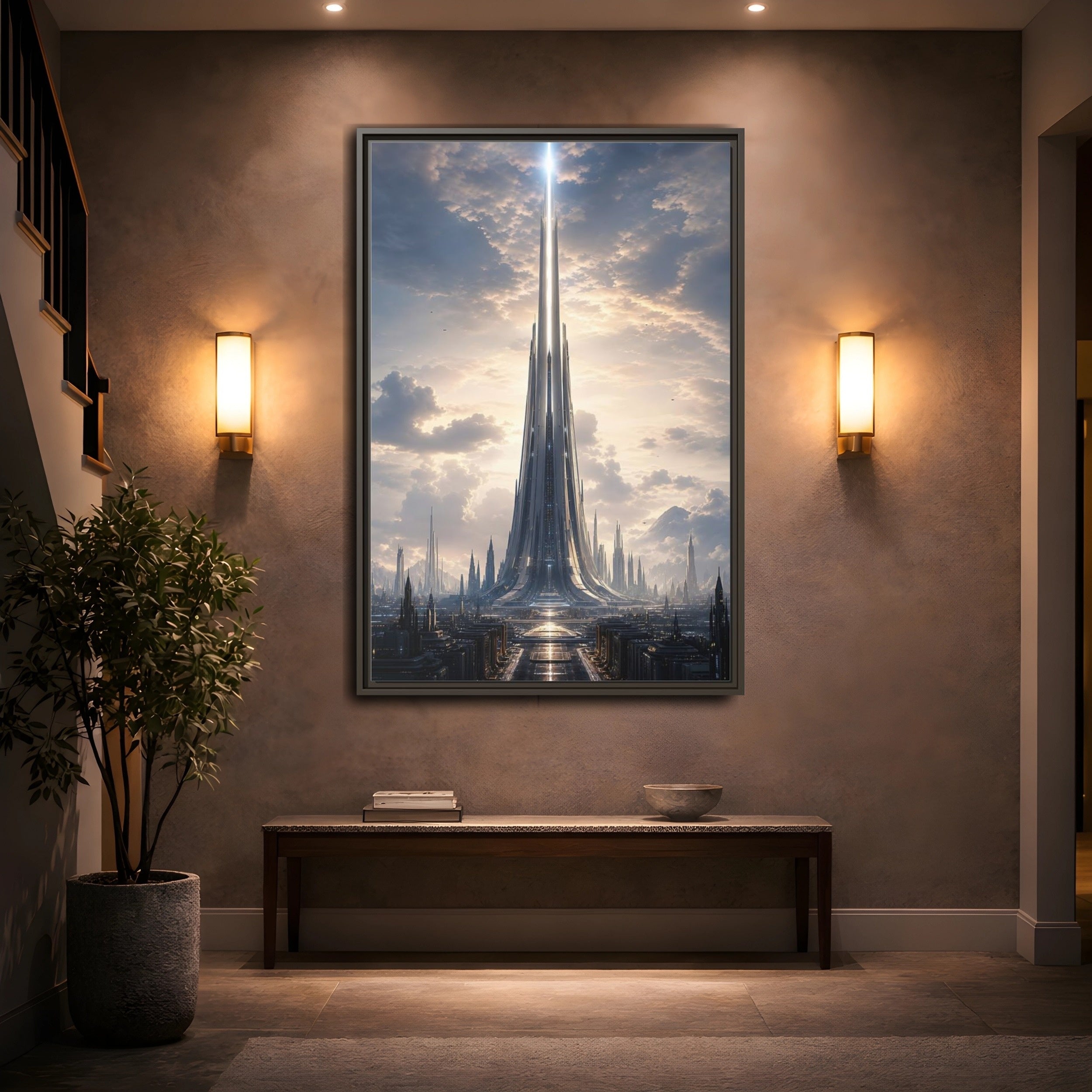 Mockup 2. Science Fiction Futuristic Cityscape Futuristic Cityscape shown as stretched canvas wall art