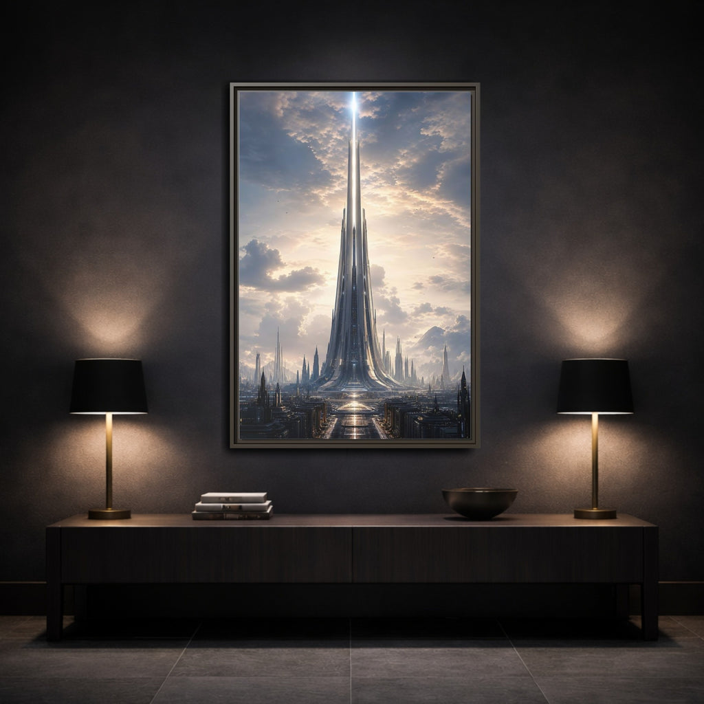Mockup 3. Science Fiction Futuristic Cityscape Futuristic Cityscape shown as stretched canvas wall art
