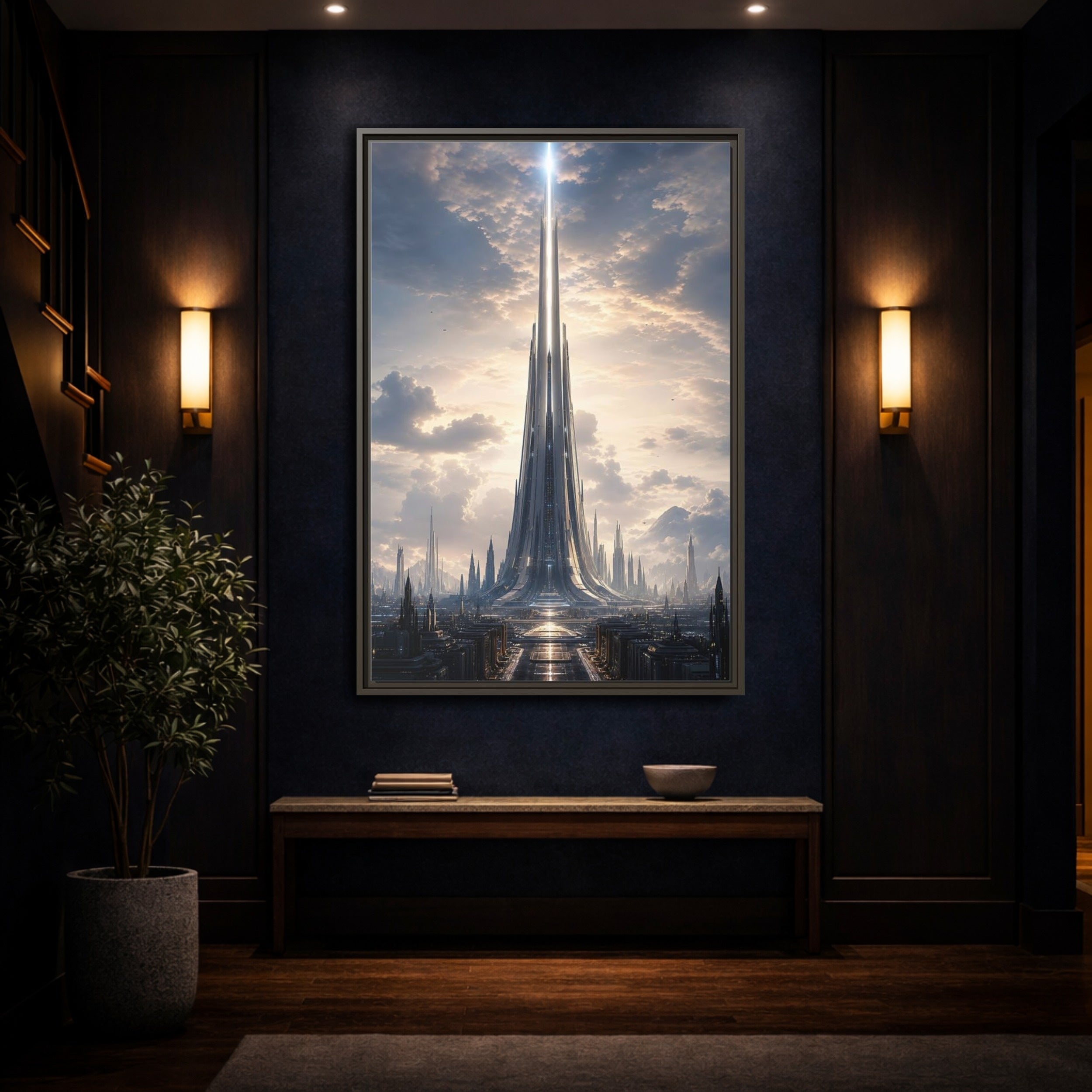 Mockup 4. Science Fiction Futuristic Cityscape Futuristic Cityscape shown as stretched canvas wall art
