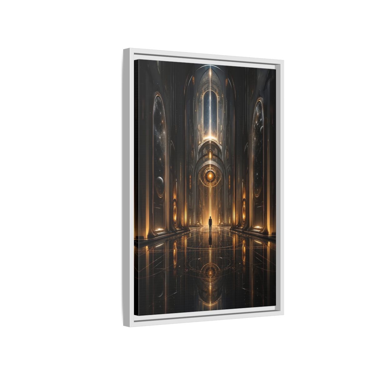 Science Fiction Futuristic Hall Dark Gold Framed Canvas Wall Art - Living Room, Above Sofa shown as canvas wall art