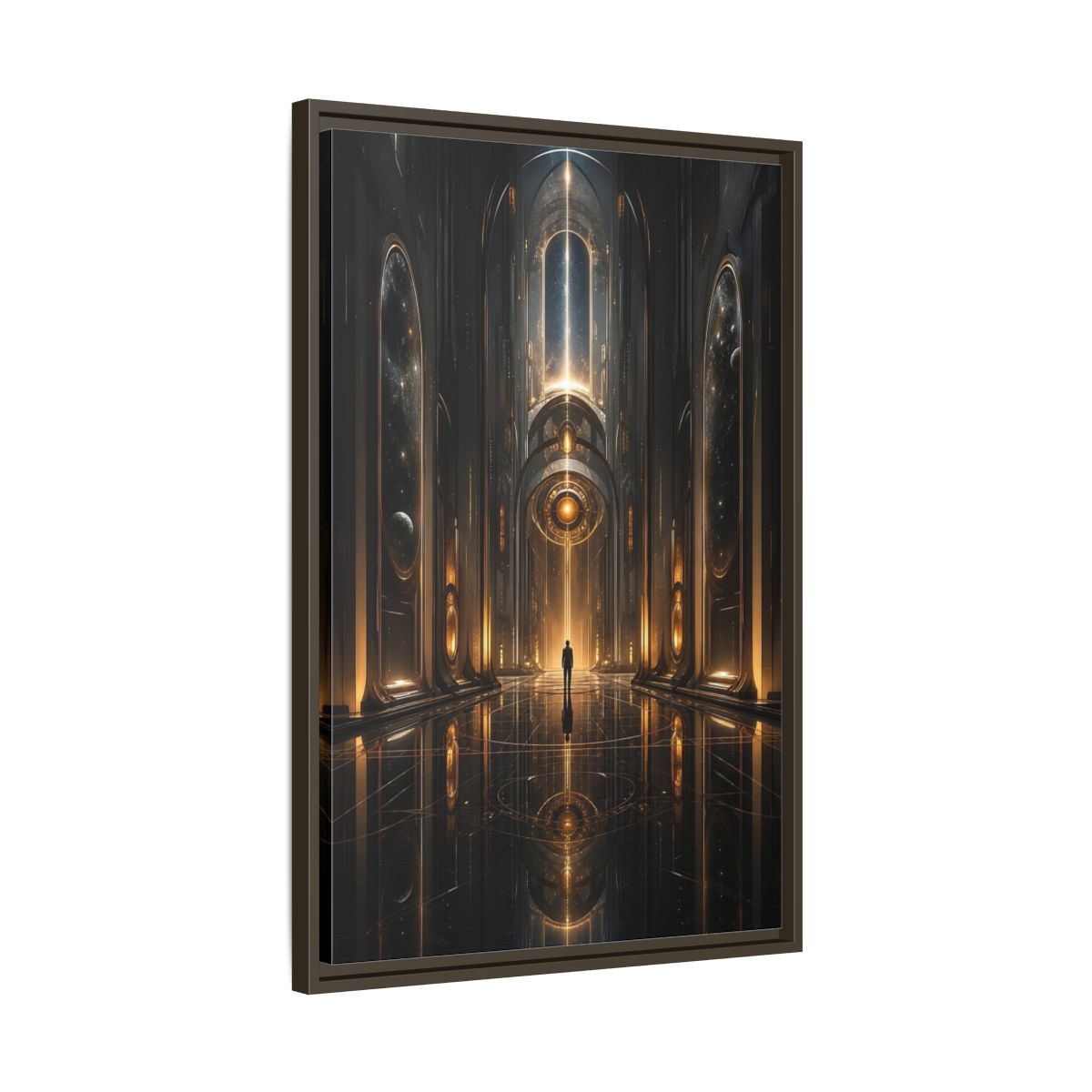Science Fiction Futuristic Hall Dark Gold Framed Canvas Wall Art - Living Room, Above Sofa shown as canvas wall art
