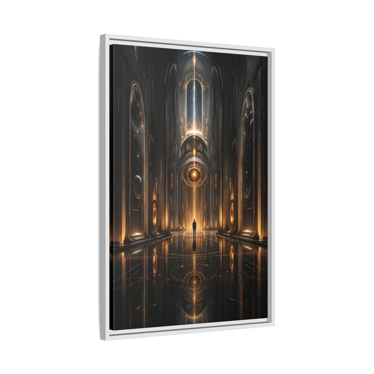Science Fiction Futuristic Hall Dark Gold Framed Canvas Wall Art - Living Room, Above Sofa shown as canvas wall art