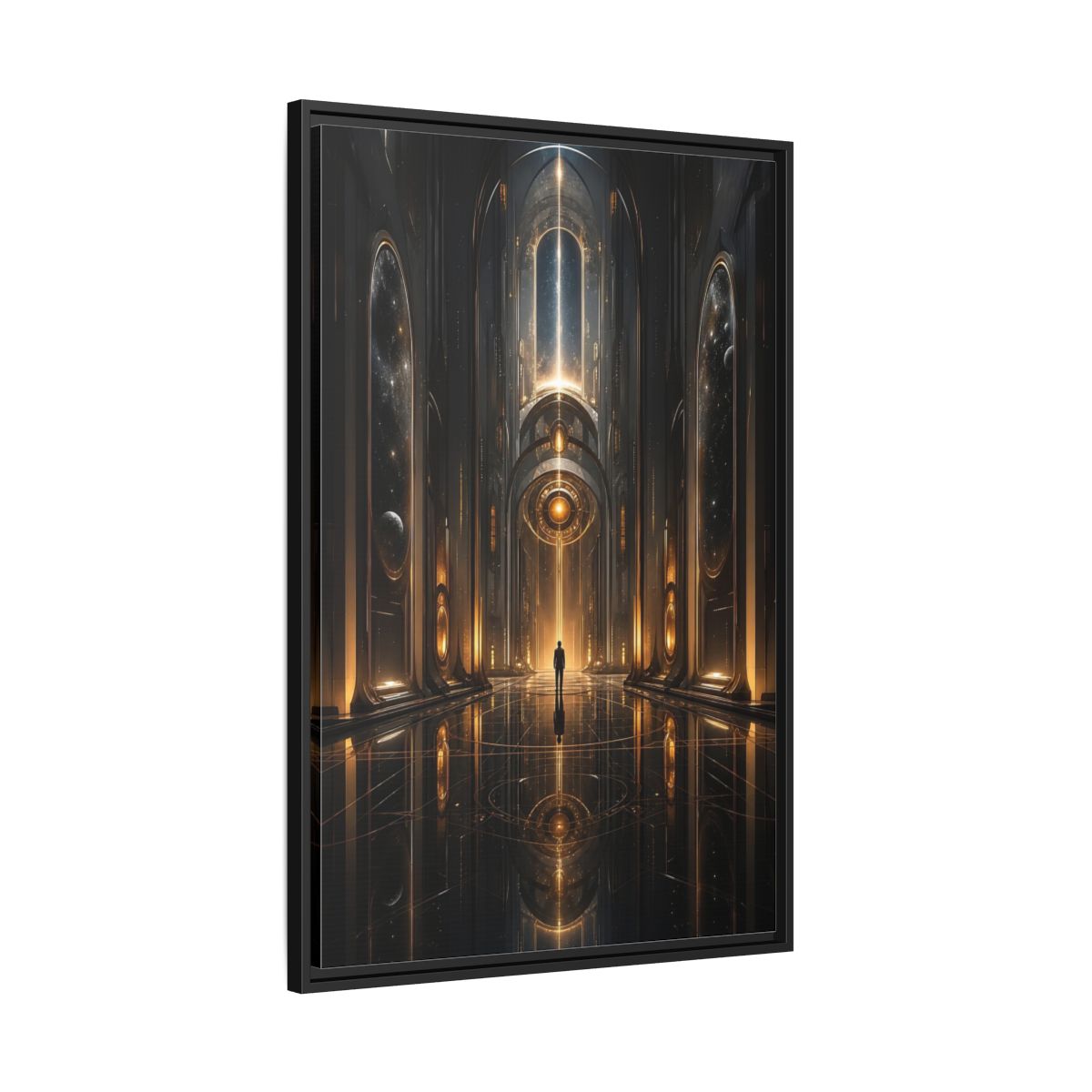 Science Fiction Futuristic Hall Dark Gold Framed Canvas Wall Art - Living Room, Above Sofa shown as canvas wall art