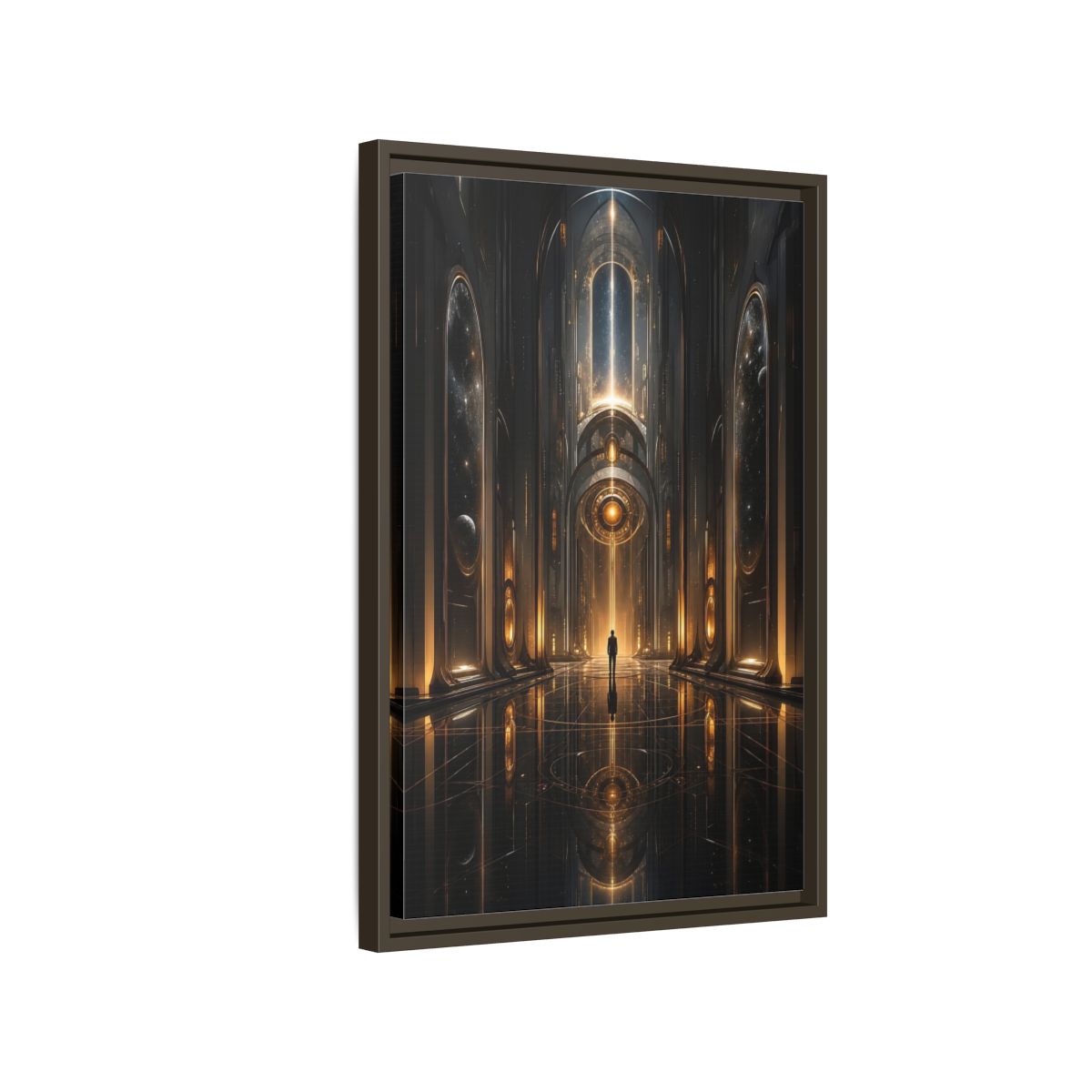 Science Fiction Futuristic Hall Dark Gold Framed Canvas Wall Art - Living Room, Above Sofa shown as canvas wall art