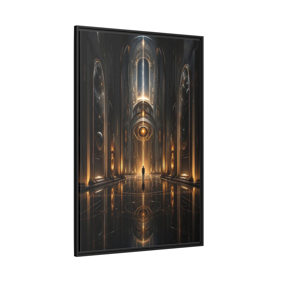Science Fiction Futuristic Hall Dark Gold Framed Canvas Wall Art - Living Room, Above Sofa shown as canvas wall art
