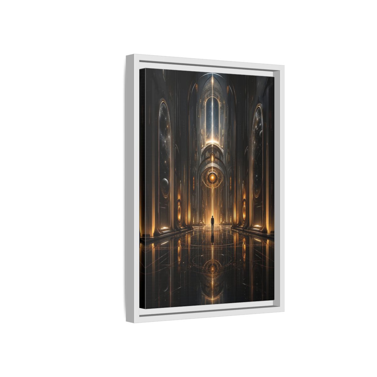 Science Fiction Futuristic Hall Dark Gold Framed Canvas Wall Art - Living Room, Above Sofa shown as canvas wall art