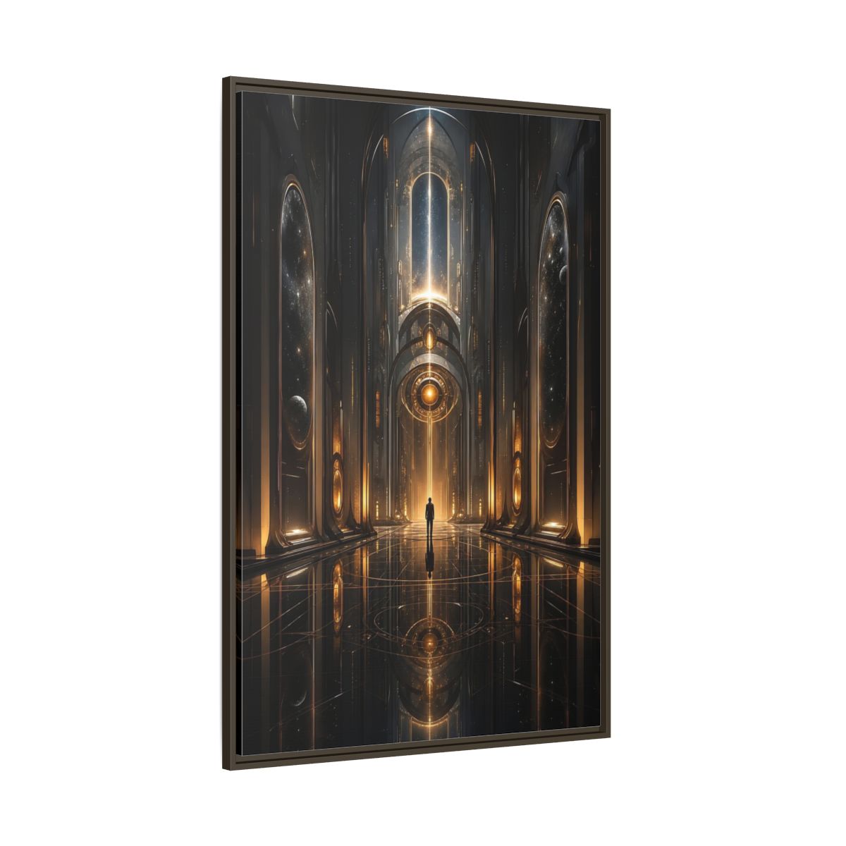 Science Fiction Futuristic Hall Dark Gold Framed Canvas Wall Art - Living Room, Above Sofa shown as canvas wall art