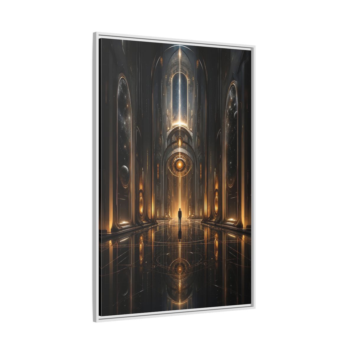 Science Fiction Futuristic Hall Dark Gold Framed Canvas Wall Art - Living Room, Above Sofa shown as canvas wall art