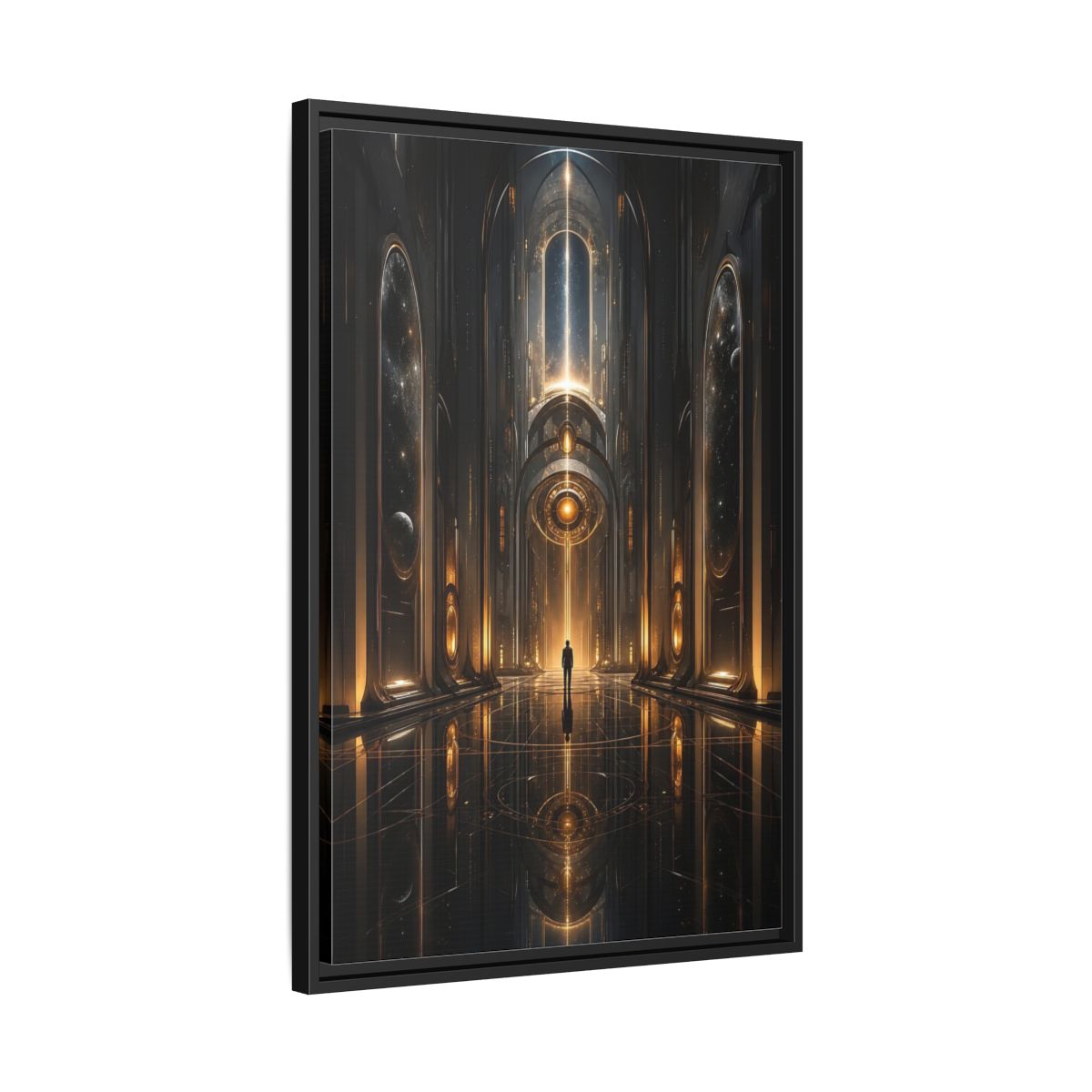 Science Fiction Futuristic Hall Dark Gold Framed Canvas Wall Art - Living Room, Above Sofa shown as canvas wall art
