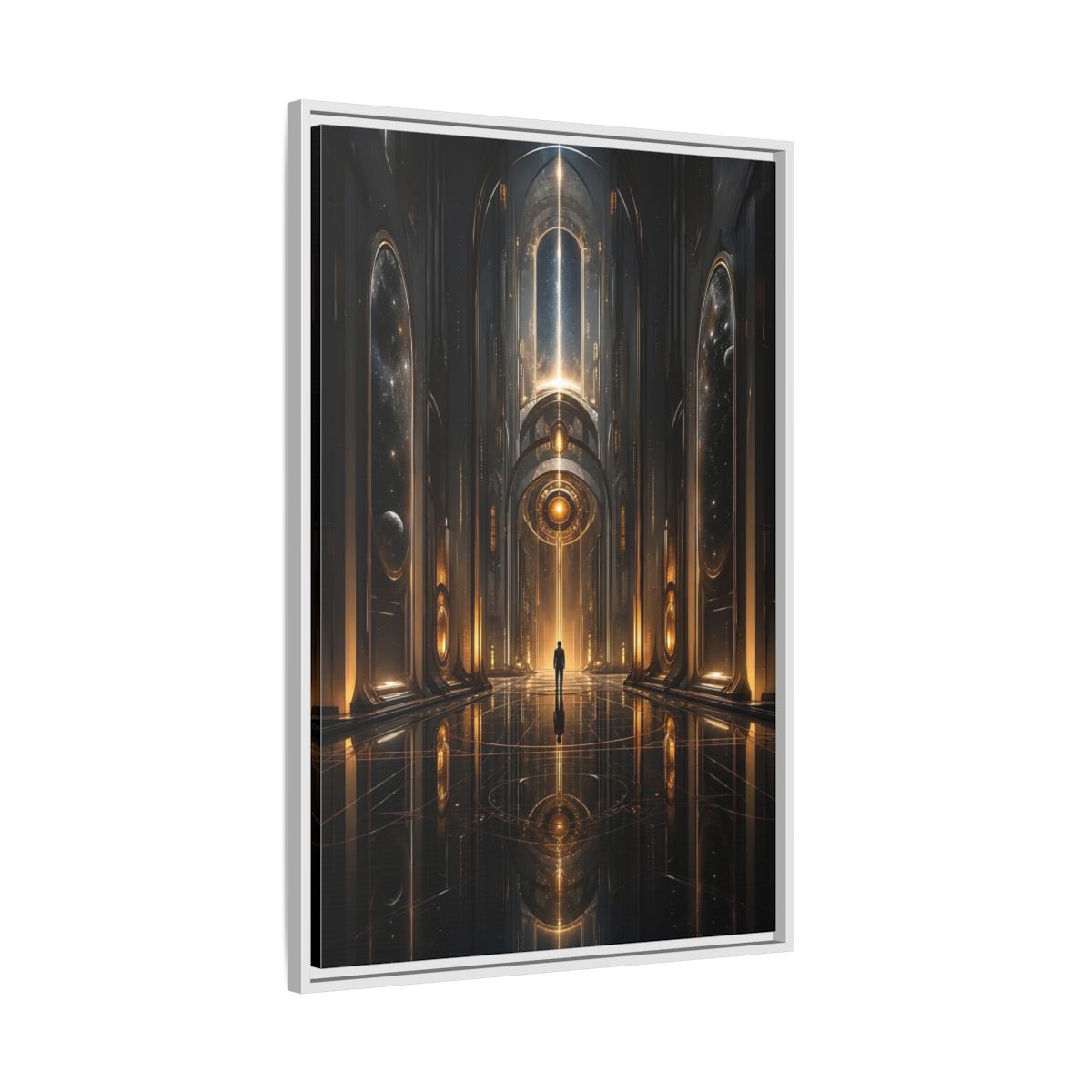 Science Fiction Futuristic Hall Dark Gold Framed Canvas Wall Art - Living Room, Above Sofa shown as canvas wall art