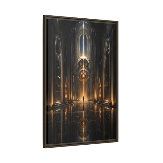Main Mockup. Science Fiction Futuristic Hall Dark Gold Scifi shown as stretched canvas wall art