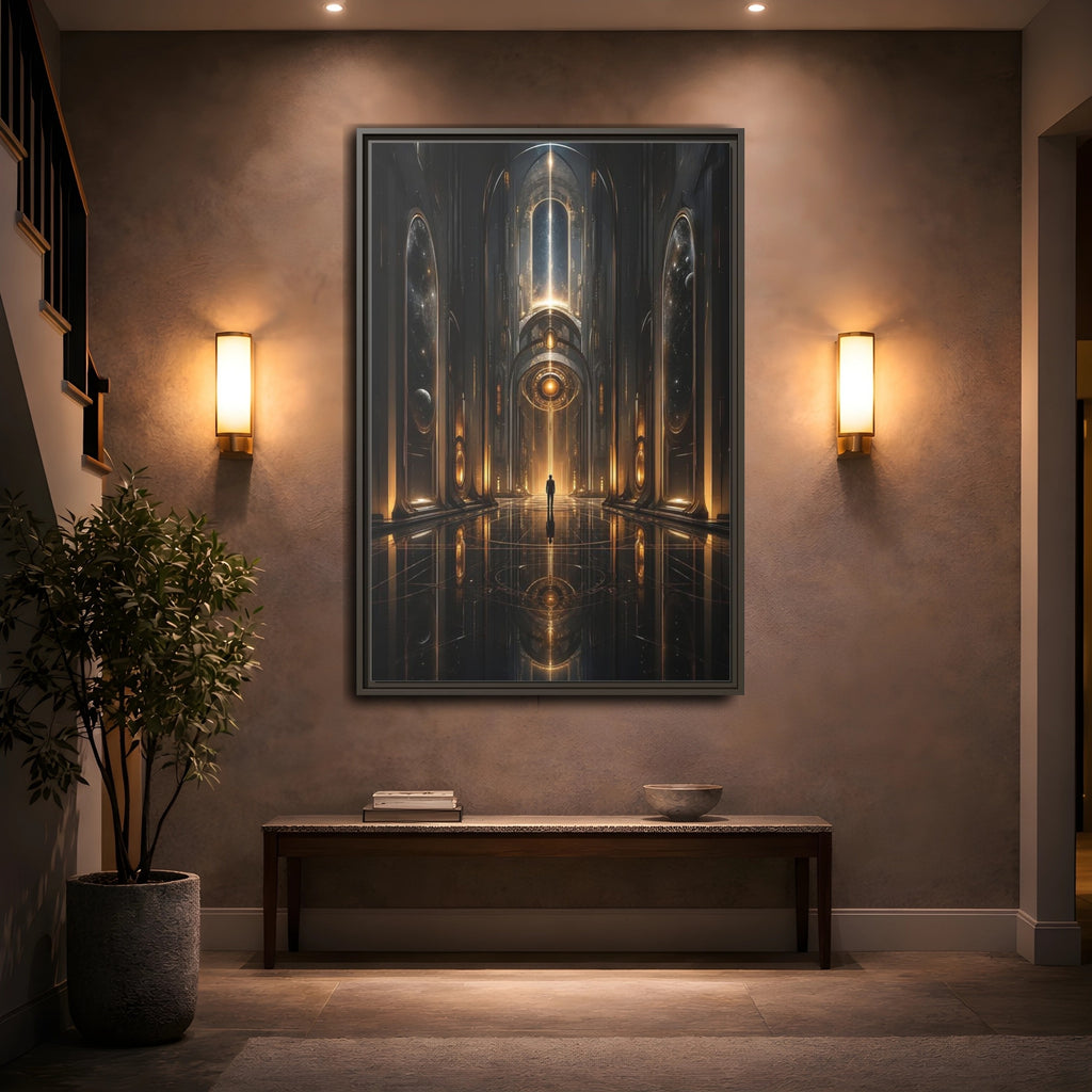 Mockup 2. Science Fiction Futuristic Hall Dark Gold Scifi shown as stretched canvas wall art