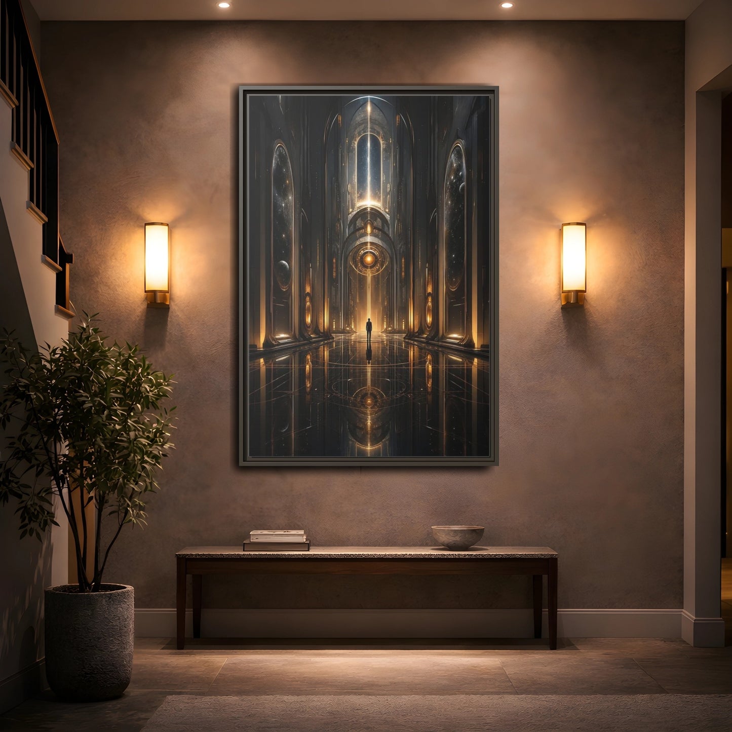 Science Fiction Futuristic Hall Dark Gold Framed Canvas Wall Art - Living Room, Above Sofa shown as canvas wall art