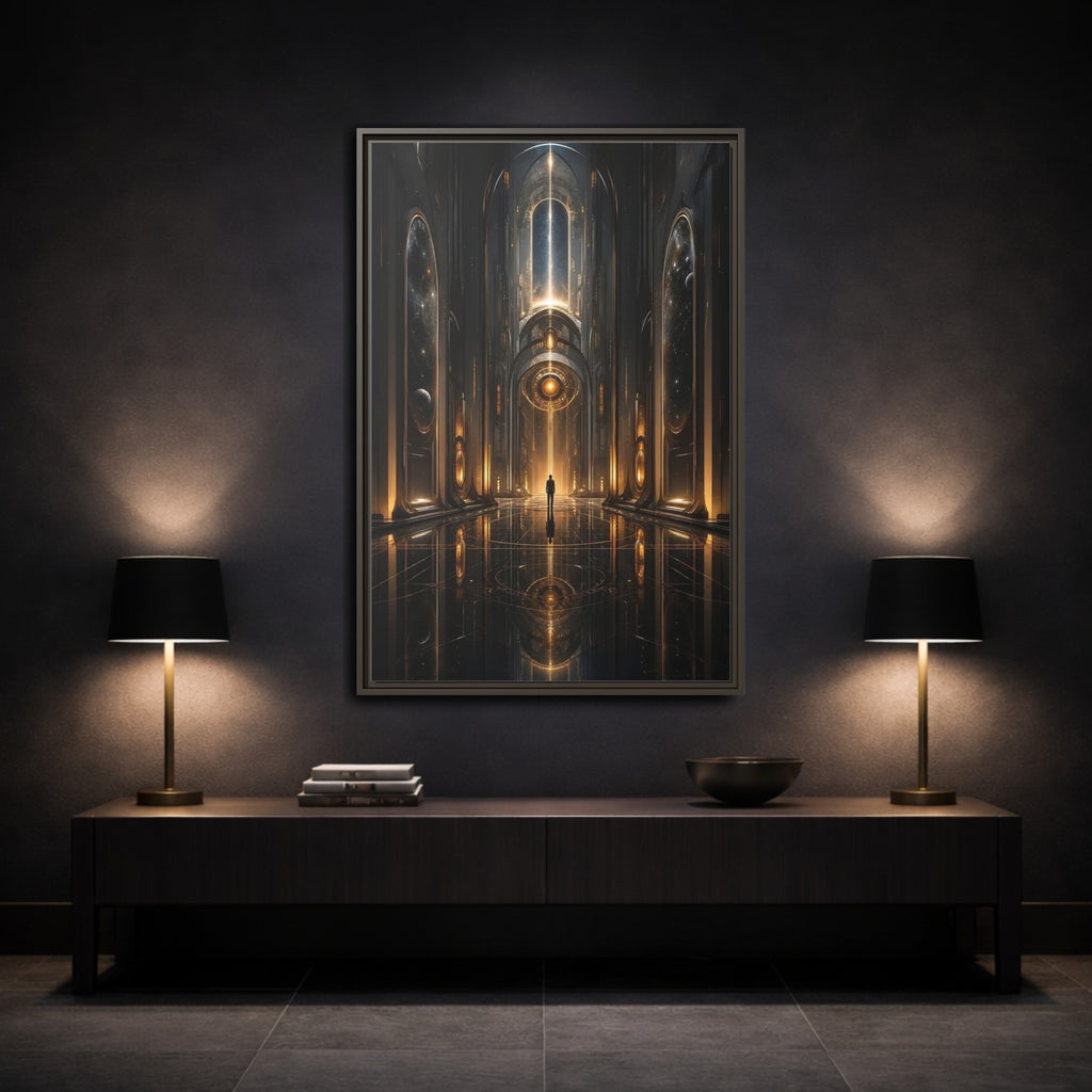 Mockup 3. Science Fiction Futuristic Hall Dark Gold Scifi shown as stretched canvas wall art
