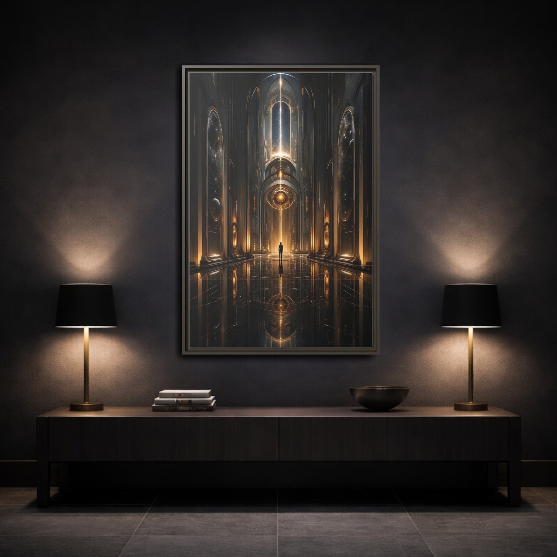 Science Fiction Futuristic Hall Dark Gold Framed Canvas Wall Art - Living Room, Above Sofa shown as canvas wall art