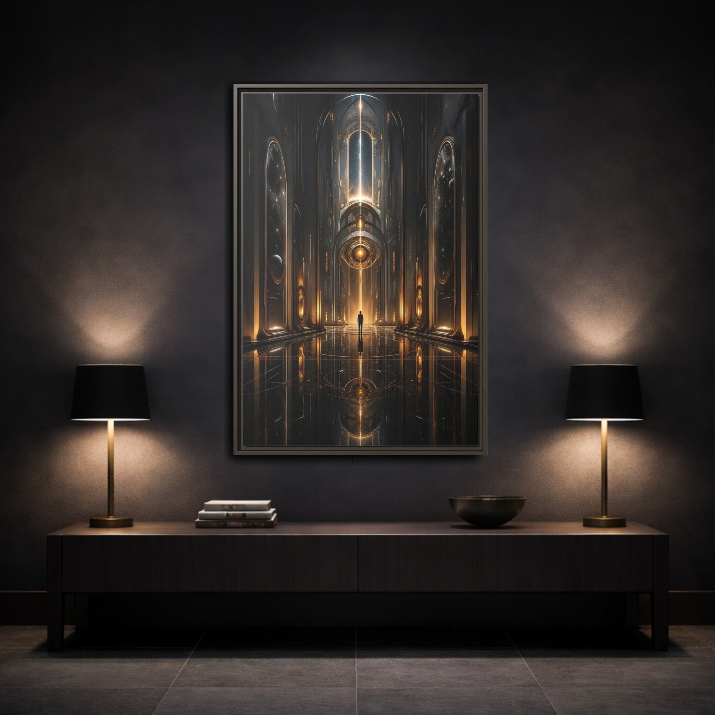 Mockup 3. Science Fiction Futuristic Hall Dark Gold Scifi shown as stretched canvas wall art