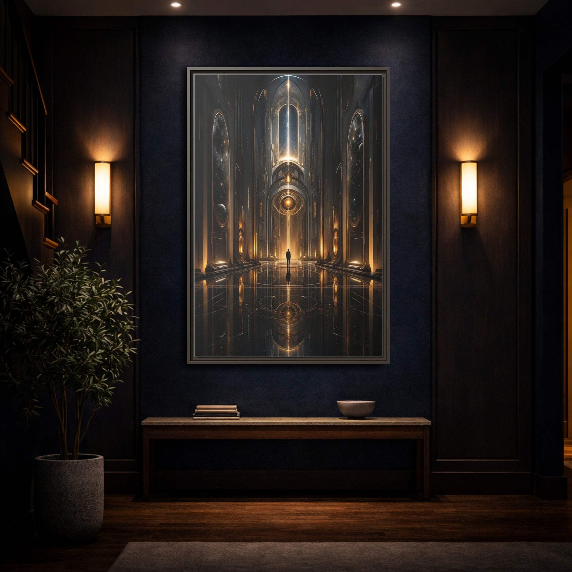 Science Fiction Futuristic Hall Dark Gold Framed Canvas Wall Art - Living Room, Above Sofa shown as canvas wall art