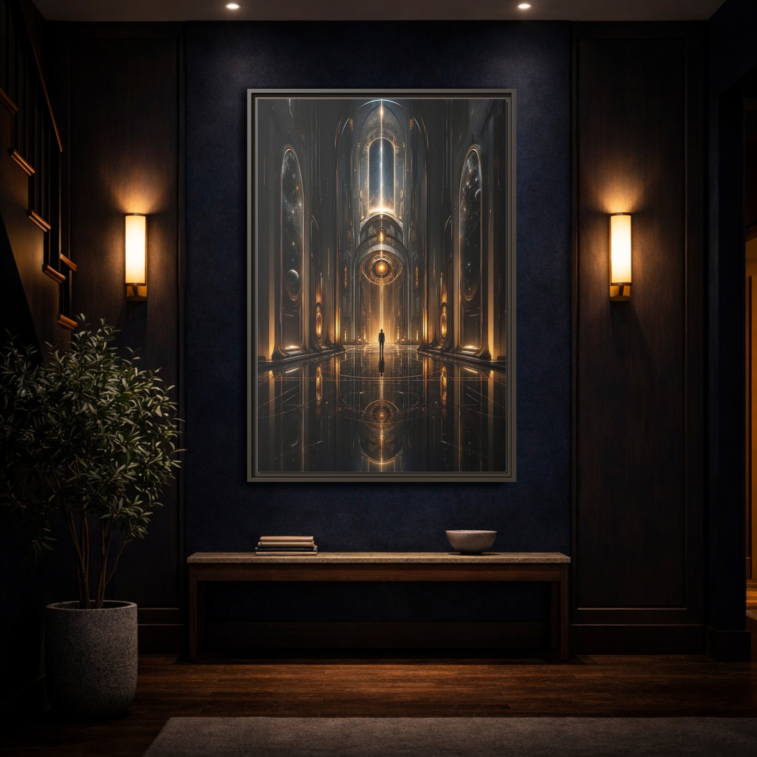 Mockup 4. Science Fiction Futuristic Hall Dark Gold Scifi shown as stretched canvas wall art