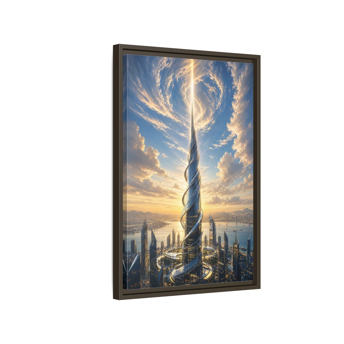 Science Fiction Futuristic Skyscraper City Sunset Framed Canvas Wall Art - Living Room, Above Console Table shown as canvas wall art
