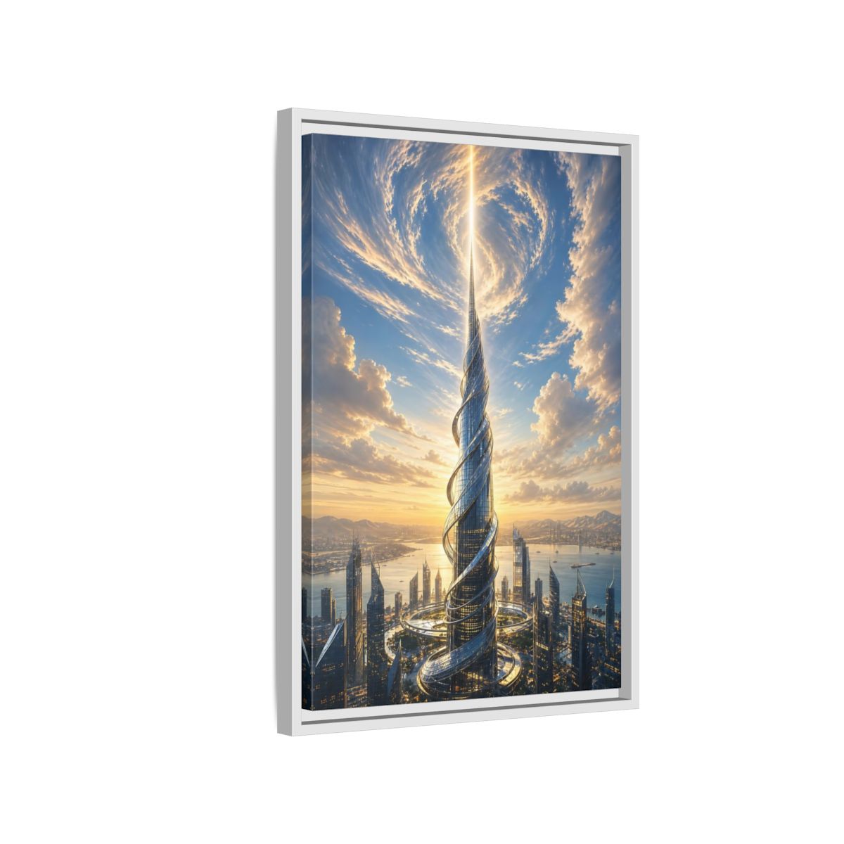 Science Fiction Futuristic Skyscraper City Sunset Framed Canvas Wall Art - Living Room, Above Console Table shown as canvas wall art