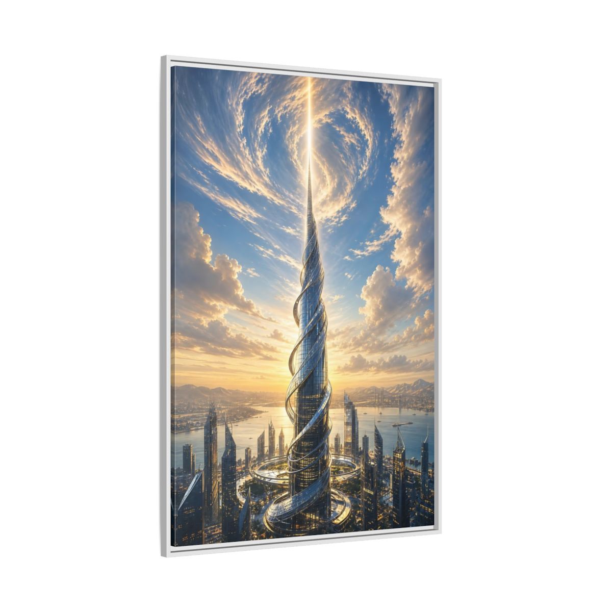 Science Fiction Futuristic Skyscraper City Sunset Framed Canvas Wall Art - Living Room, Above Console Table shown as canvas wall art
