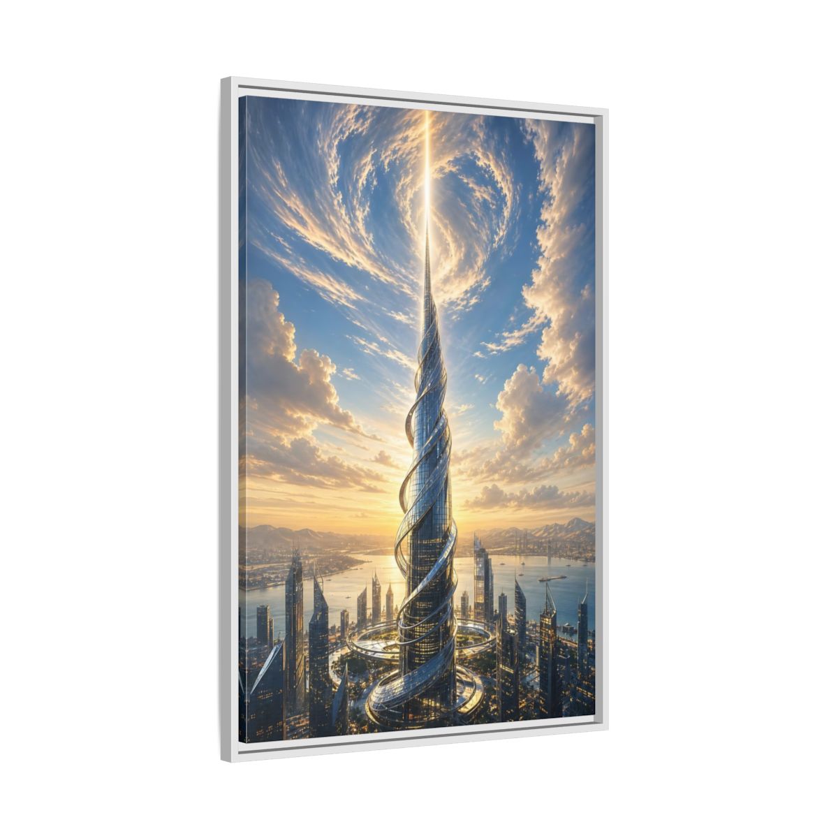 Science Fiction Futuristic Skyscraper City Sunset Framed Canvas Wall Art - Living Room, Above Console Table shown as canvas wall art