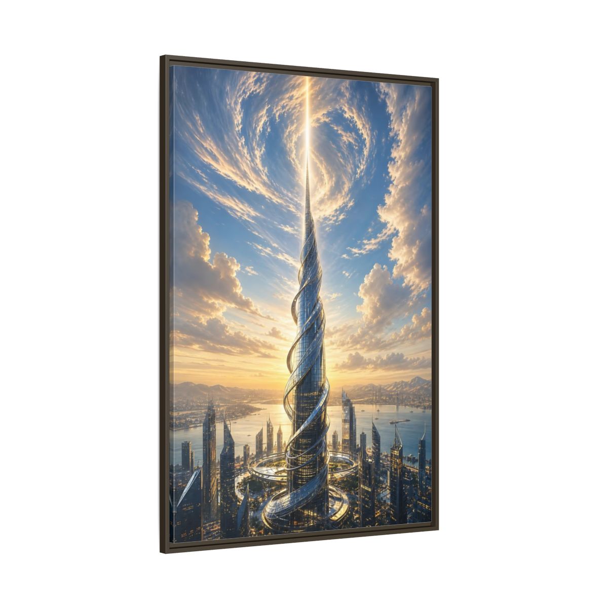 Science Fiction Futuristic Skyscraper City Sunset Framed Canvas Wall Art - Living Room, Above Console Table shown as canvas wall art