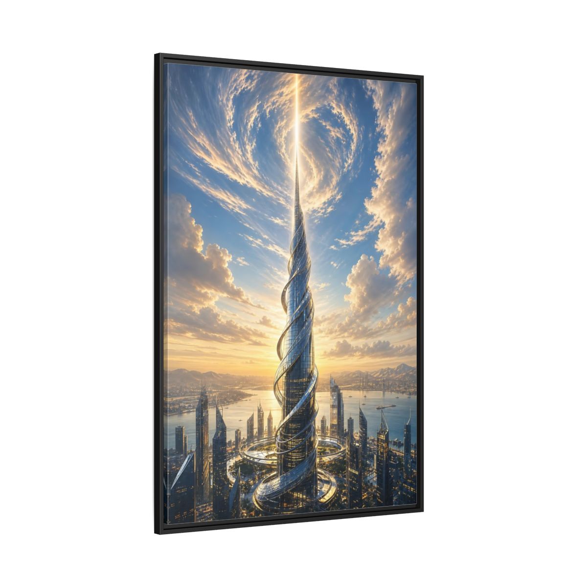 Science Fiction Futuristic Skyscraper City Sunset Framed Canvas Wall Art - Living Room, Above Console Table shown as canvas wall art