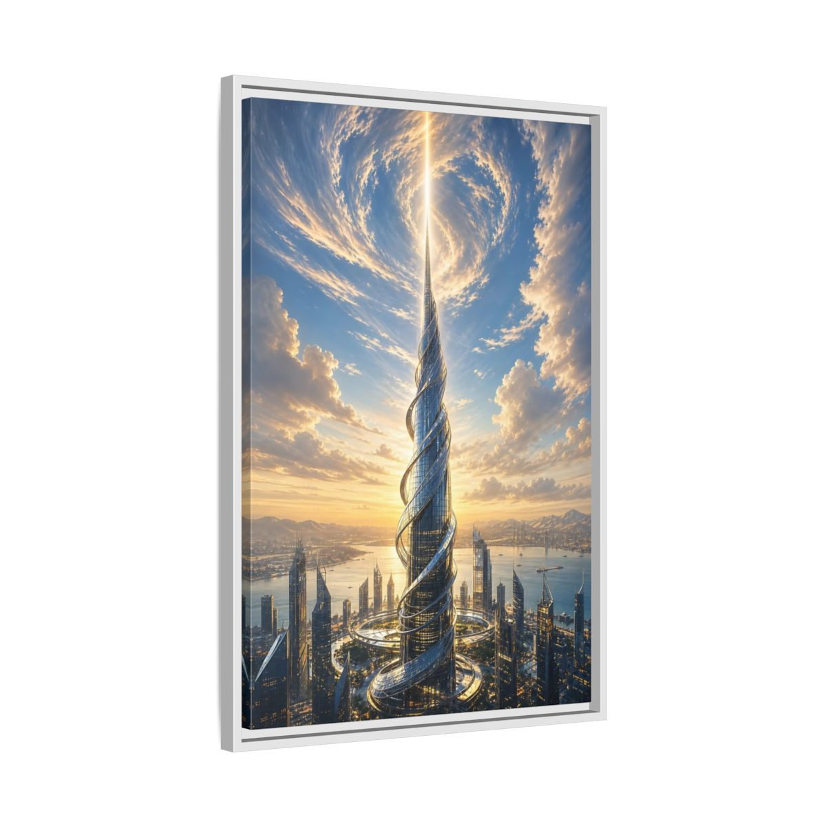 Science Fiction Futuristic Skyscraper City Sunset Framed Canvas Wall Art - Living Room, Above Console Table shown as canvas wall art