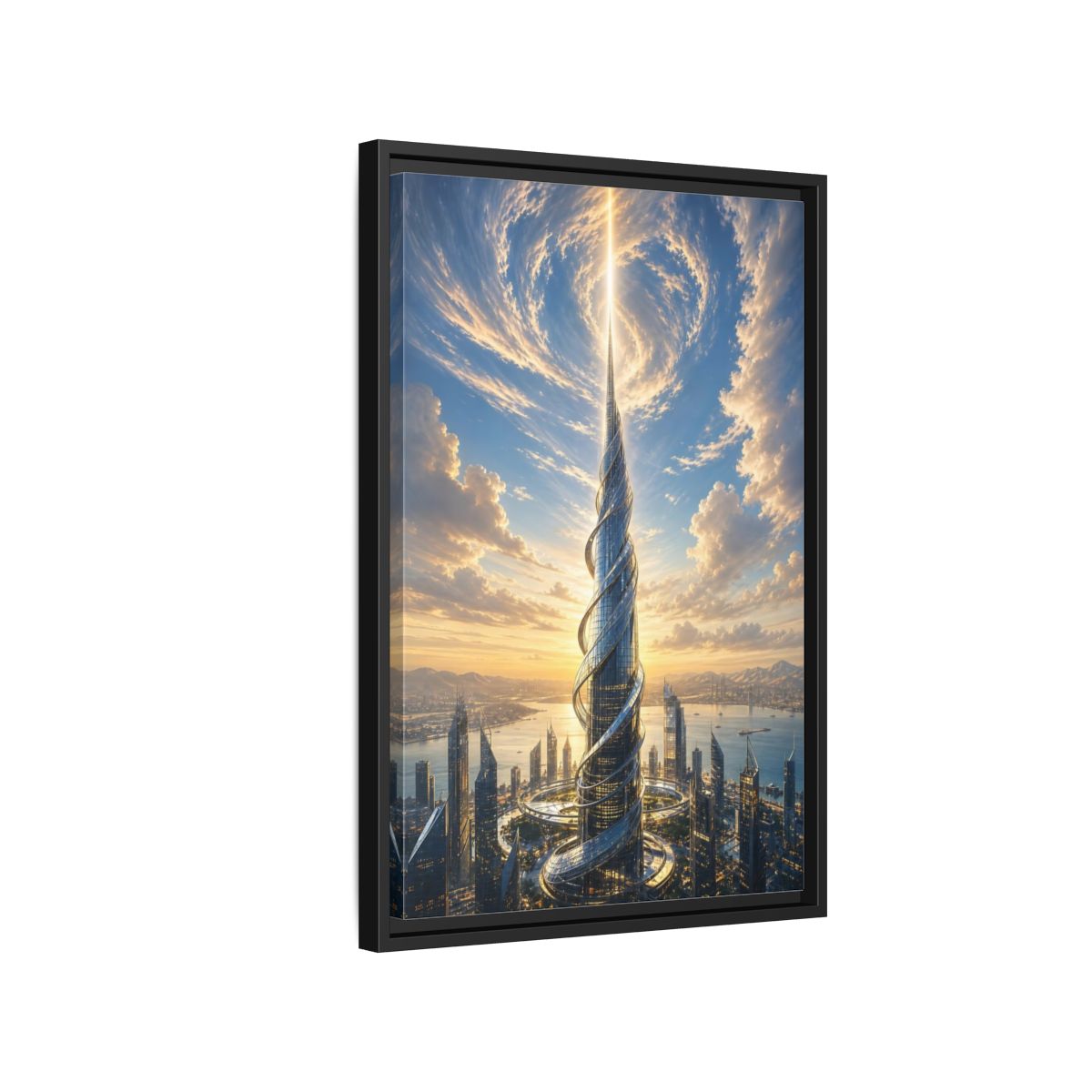 Science Fiction Futuristic Skyscraper City Sunset Framed Canvas Wall Art - Living Room, Above Console Table shown as canvas wall art