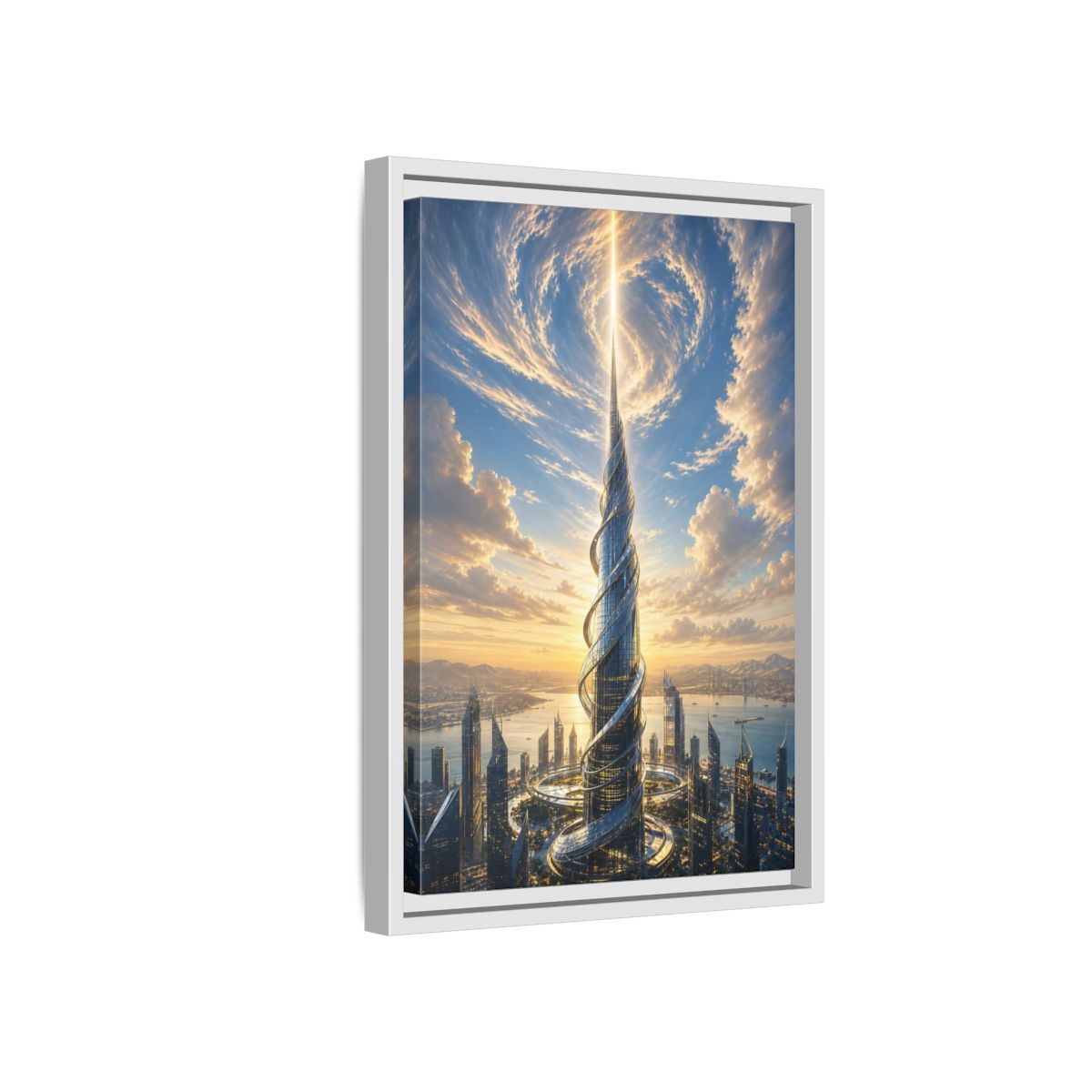 Science Fiction Futuristic Skyscraper City Sunset Framed Canvas Wall Art - Living Room, Above Console Table shown as canvas wall art