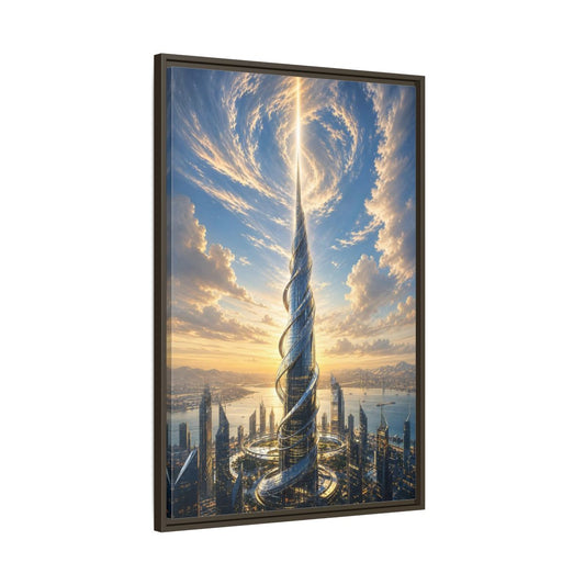 Main Mockup. Science Fiction Futuristic Skyscraper Futuristic City Sunset shown as stretched canvas wall art