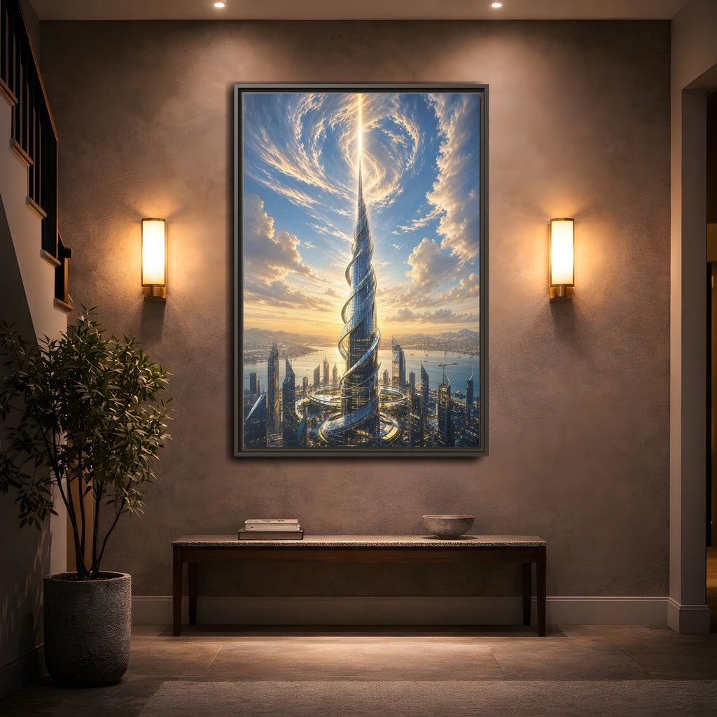 Mockup 2. Science Fiction Futuristic Skyscraper Futuristic City Sunset shown as stretched canvas wall art