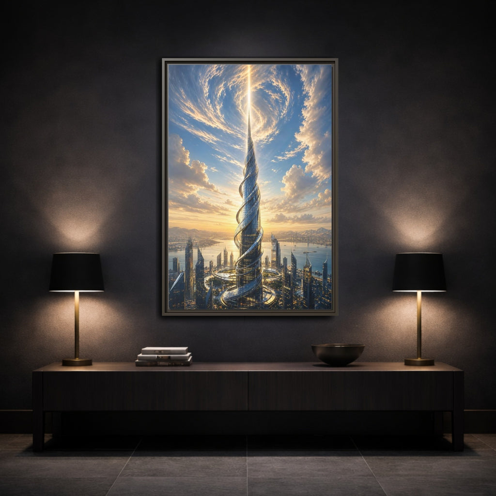 Mockup 3. Science Fiction Futuristic Skyscraper Futuristic City Sunset shown as stretched canvas wall art
