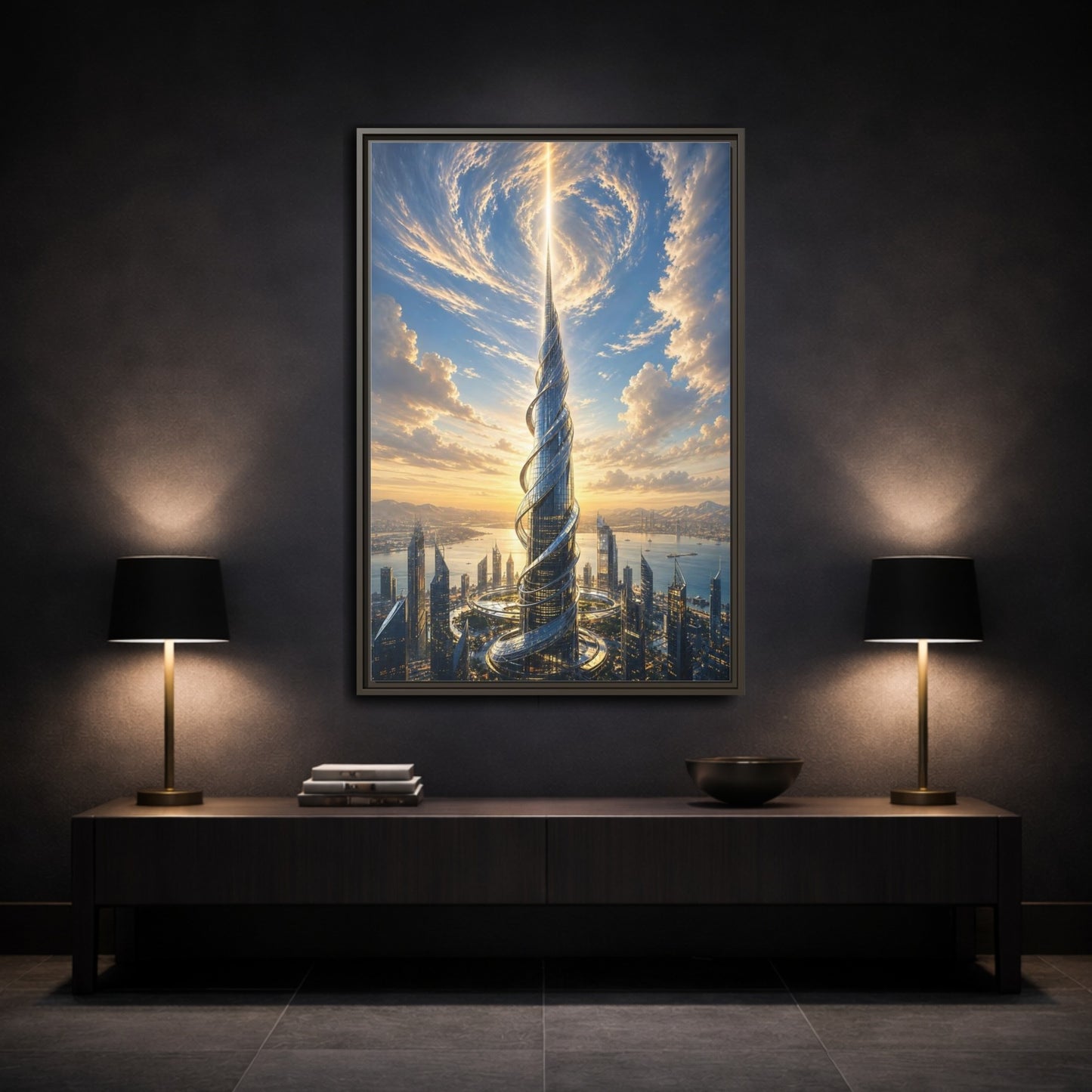 Science Fiction Futuristic Skyscraper City Sunset Framed Canvas Wall Art - Living Room, Above Console Table shown as canvas wall art