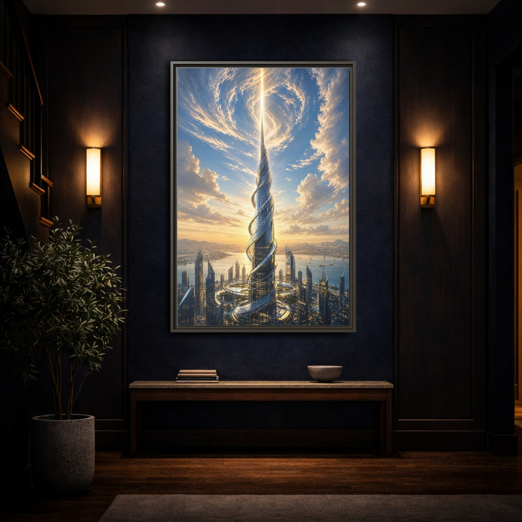Mockup 4. Science Fiction Futuristic Skyscraper Futuristic City Sunset shown as stretched canvas wall art