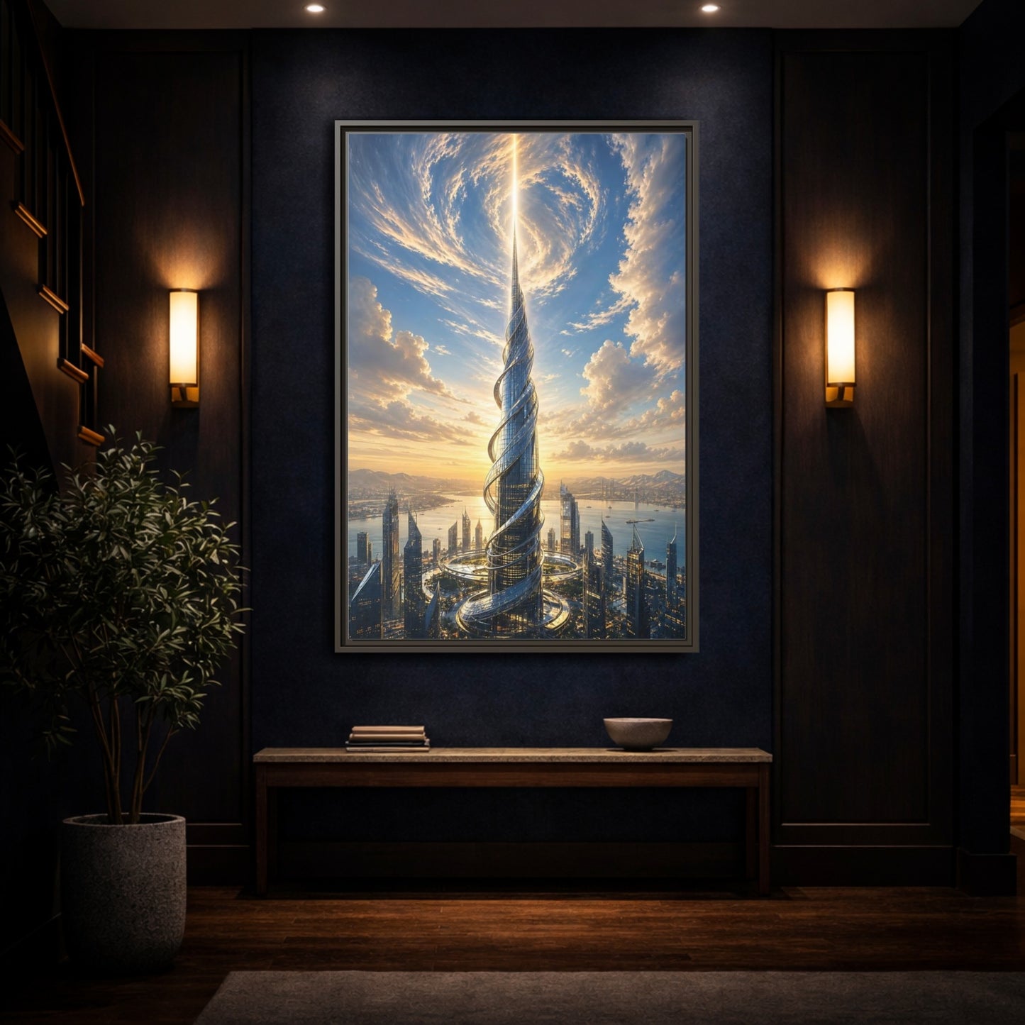 Science Fiction Futuristic Skyscraper City Sunset Framed Canvas Wall Art - Living Room, Above Console Table shown as canvas wall art