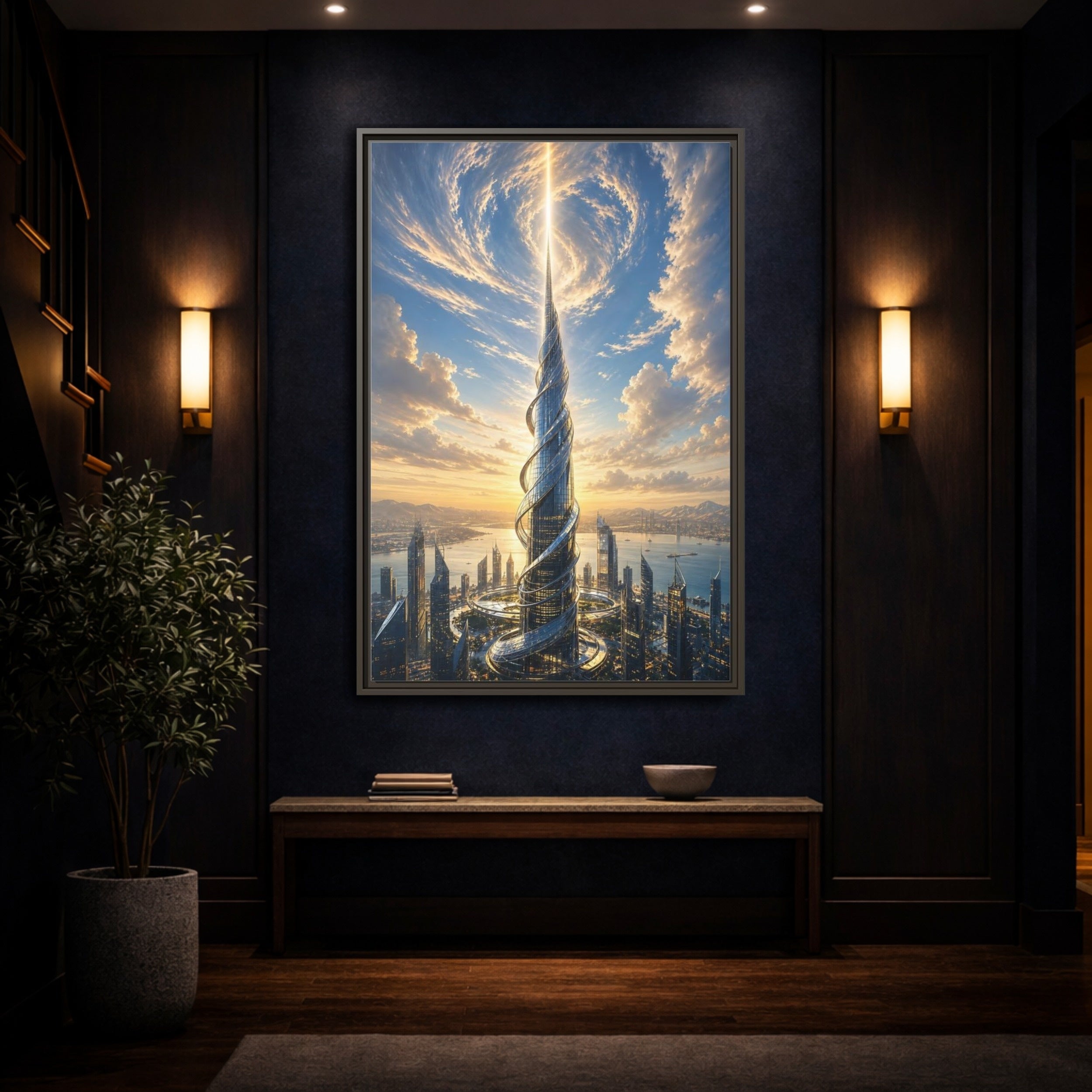 Mockup 4. Science Fiction Futuristic Skyscraper Futuristic City Sunset shown as stretched canvas wall art
