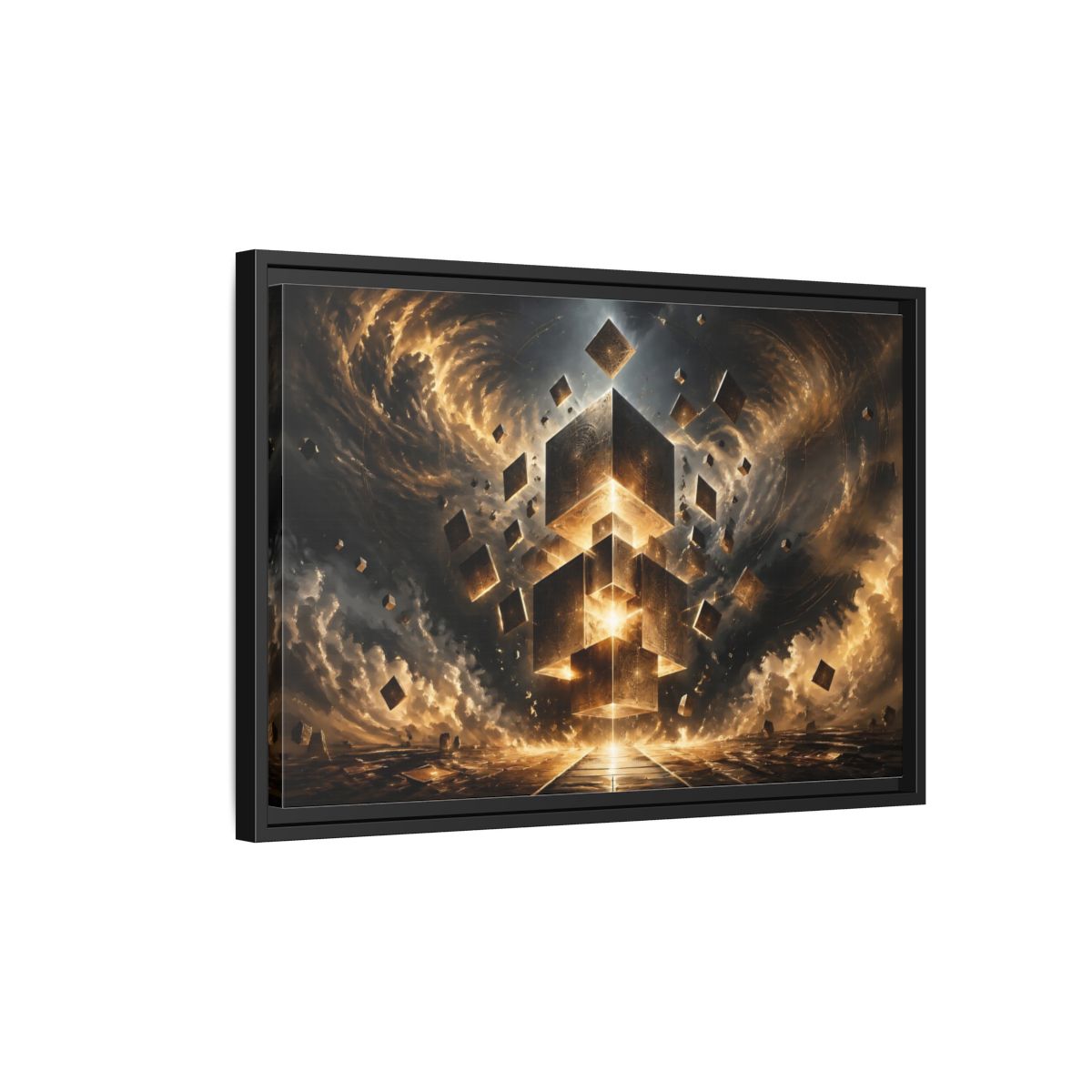 Side Mockup 3. Science Fiction Geometric Cubes Golden Geometric shown as stretched canvas wall art