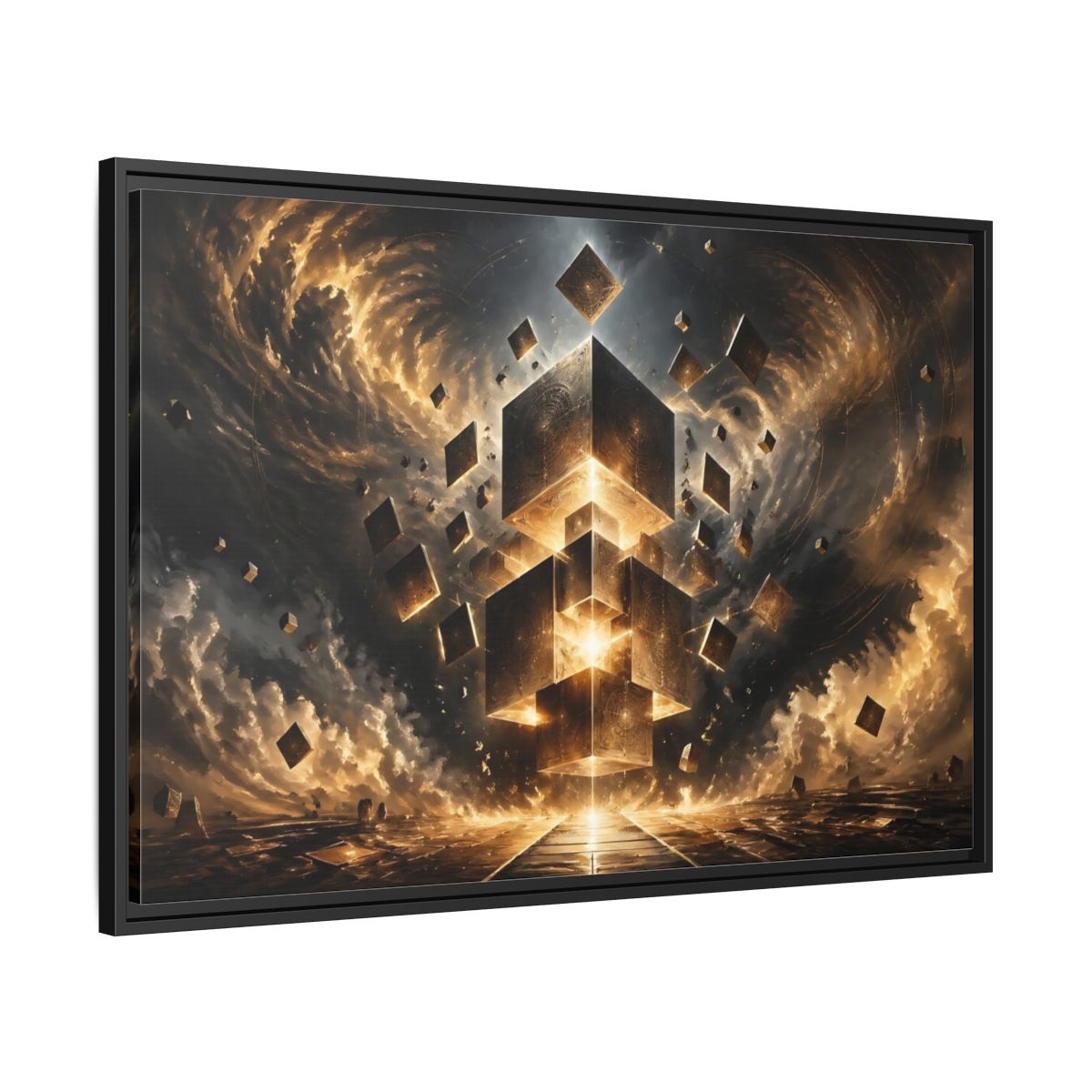 Side Mockup 13. Science Fiction Geometric Cubes Golden Geometric shown as stretched canvas wall art