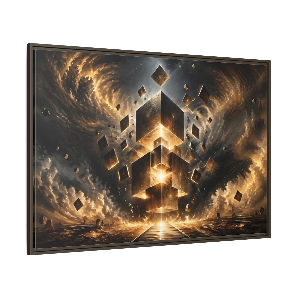 Side Mockup 8. Science Fiction Geometric Cubes Golden Geometric shown as stretched canvas wall art