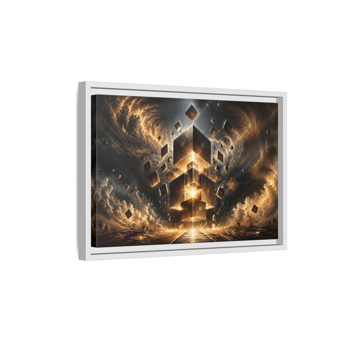 Side Mockup 4. Science Fiction Geometric Cubes Golden Geometric shown as stretched canvas wall art