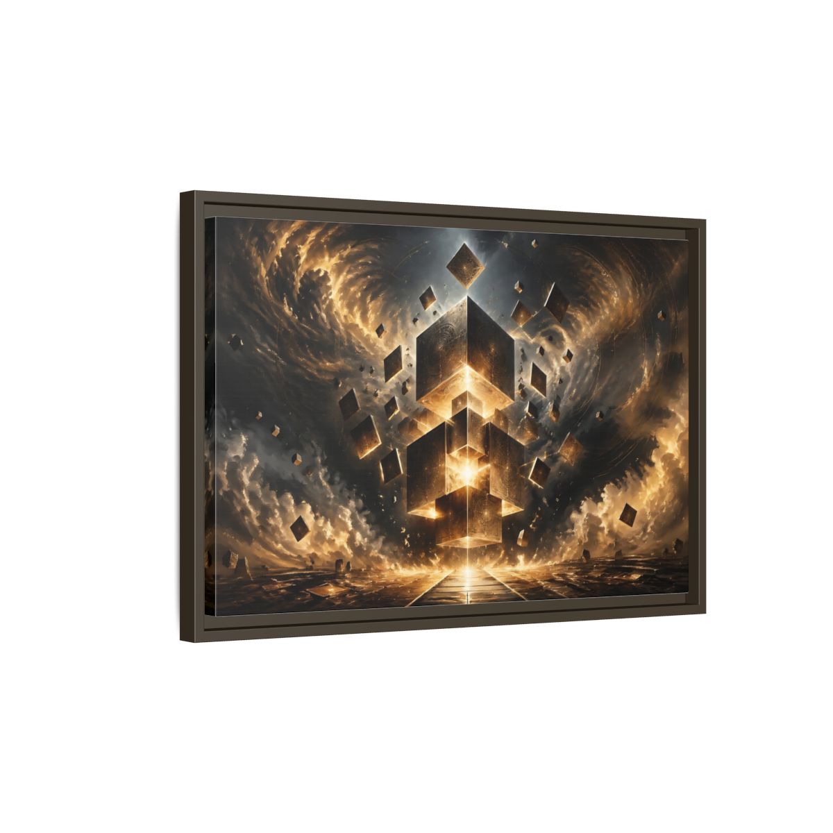 Side Mockup 2. Science Fiction Geometric Cubes Golden Geometric shown as stretched canvas wall art