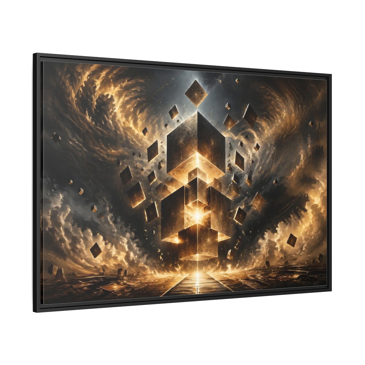 Side Mockup 12. Science Fiction Geometric Cubes Golden Geometric shown as stretched canvas wall art